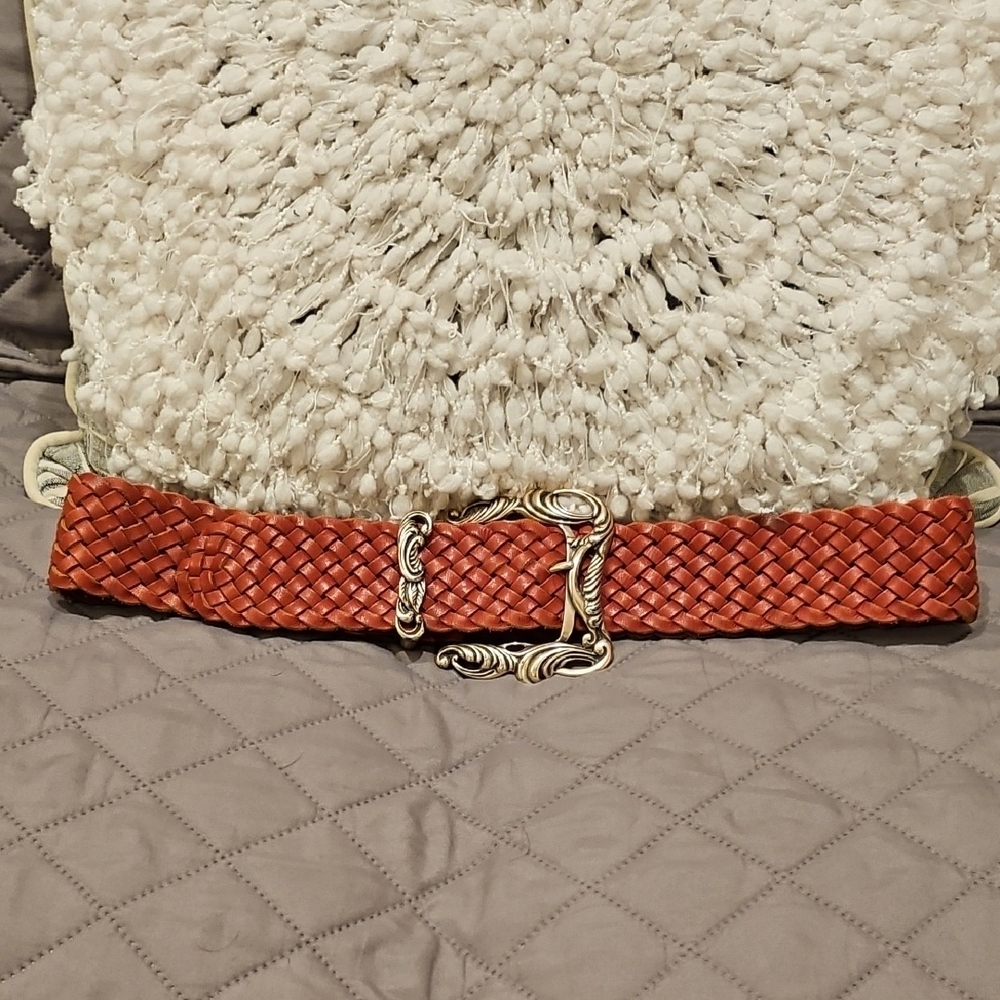 Vintage 90's Linea Pelle Burnt Orange Leather Woven Belt with Silver Buckle